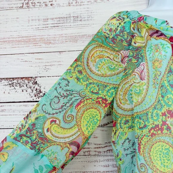 Figueroa & Flower Multicolor Paisley Sheer 3/4 Sleeve Blouse - Picture 5 of 14
